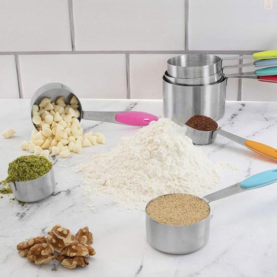 5Pcs/Set Measuring Spoon Set Clear Scale Ring Buckle Silicone Handle Stainless Steel Sugar Powder Spoon Measuring Cup Home Supplies