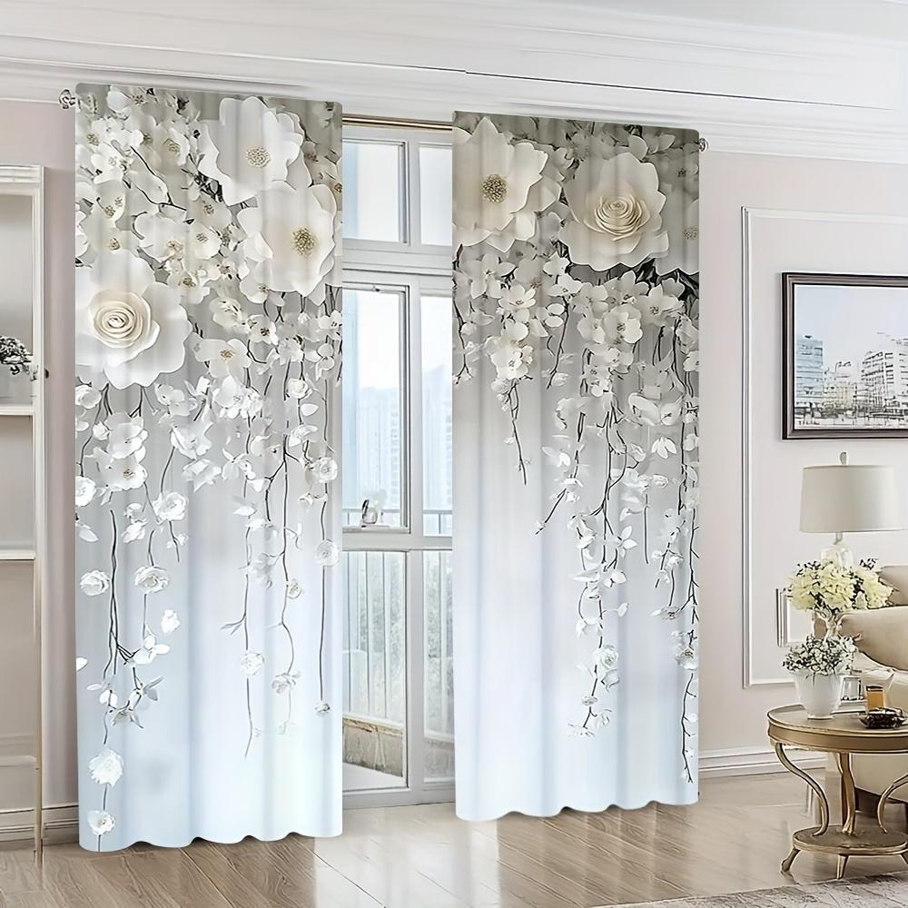 2pcs Elegant White Floral Print Curtains – Rod Pocket Design   Ideal for Living Room Bedroom Office Caf and Vacation Home Decor