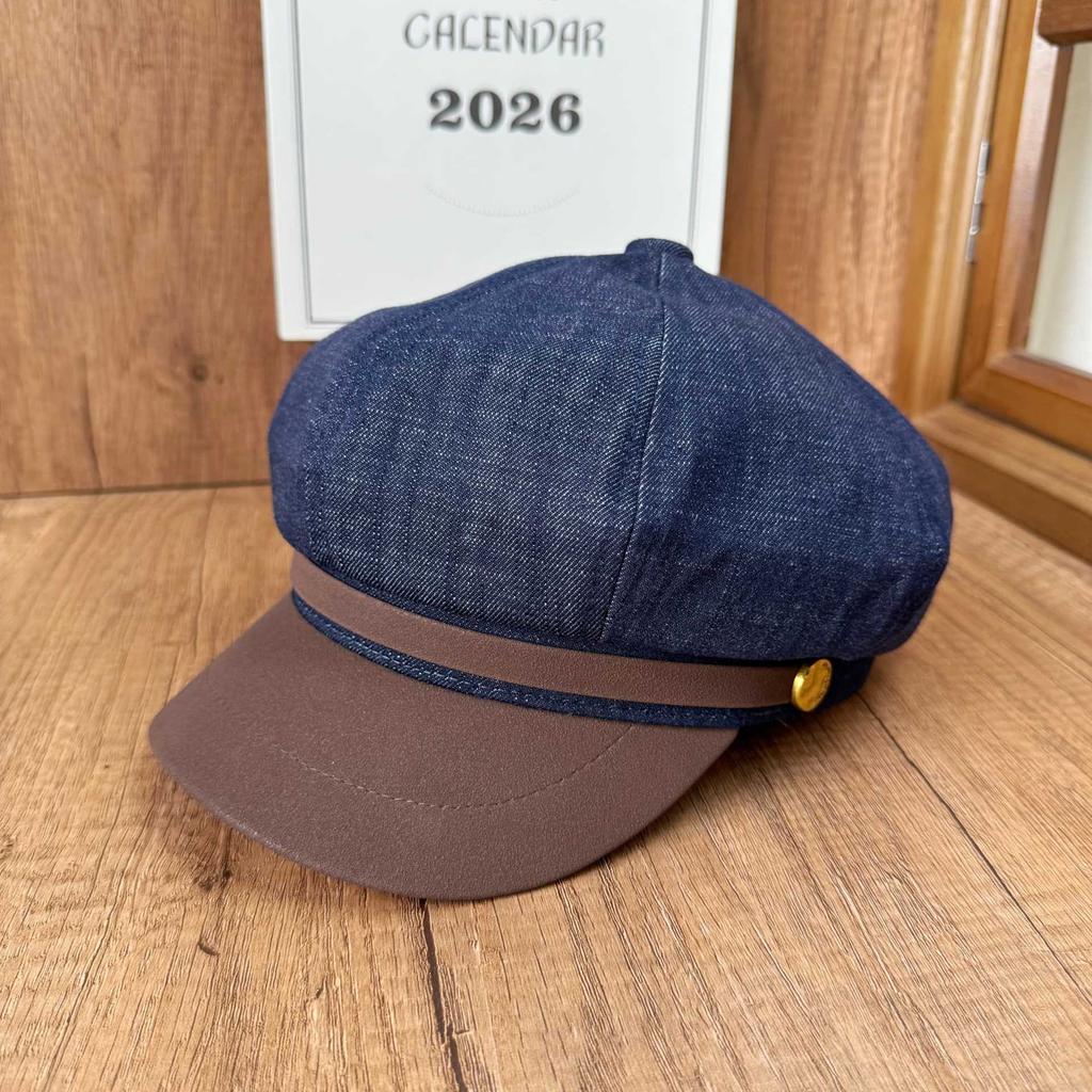 Temperament contrasting octagonal hat women's metal buckle newsboy hat British style splicing brim beret autumn versatile hat