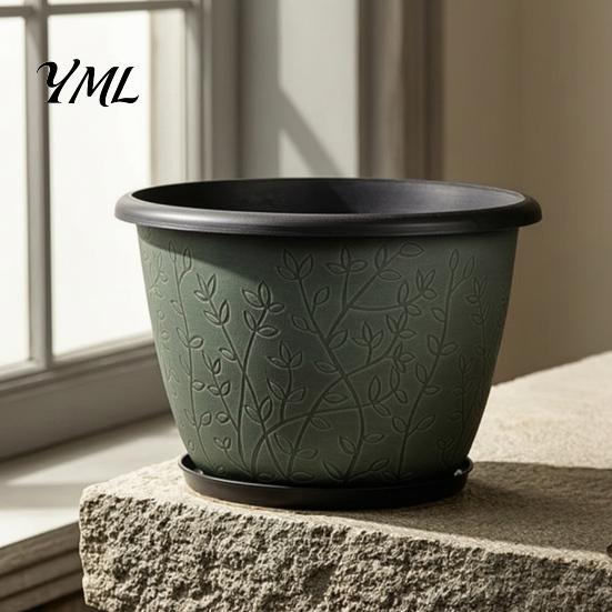 Retro Embossed Plant Pots 12 Inch Thickened Flower for Outdoor Indoor, Plastic Leaf-Pattern Texture Decorative Courtyard Planter with Drainage Hole &