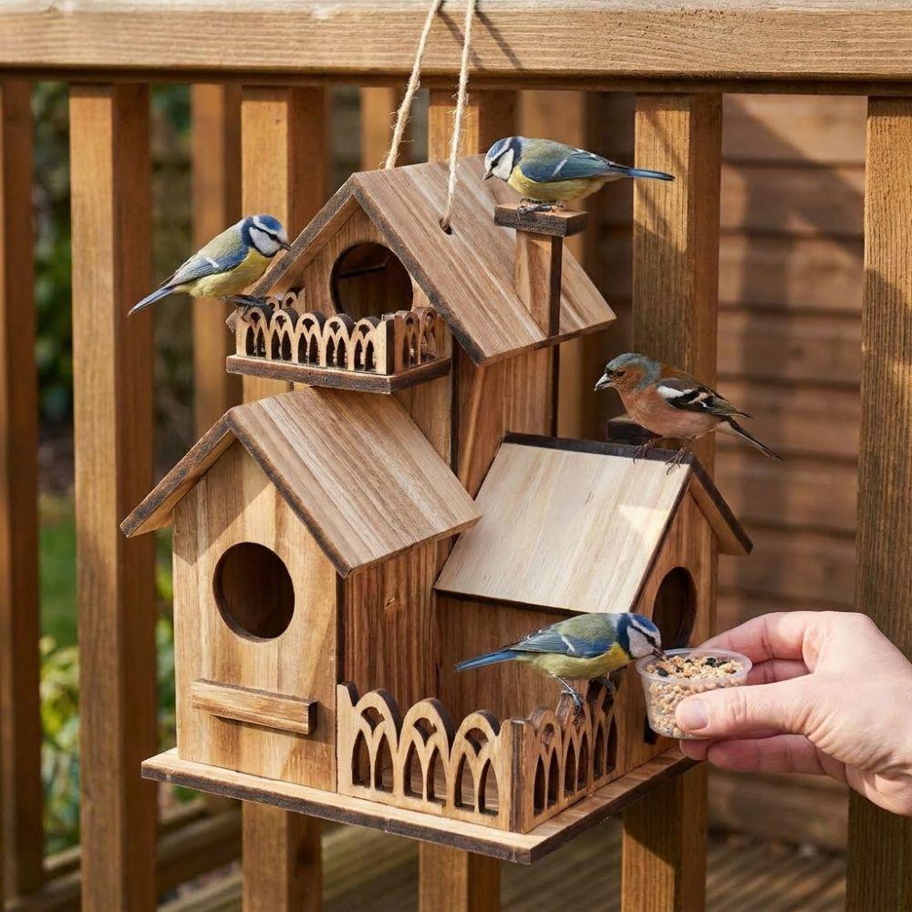 Handmade Wooden Bird House Multiple Holes Bird Feeder Weather Resistant Outdoor Birdhouse Backyard