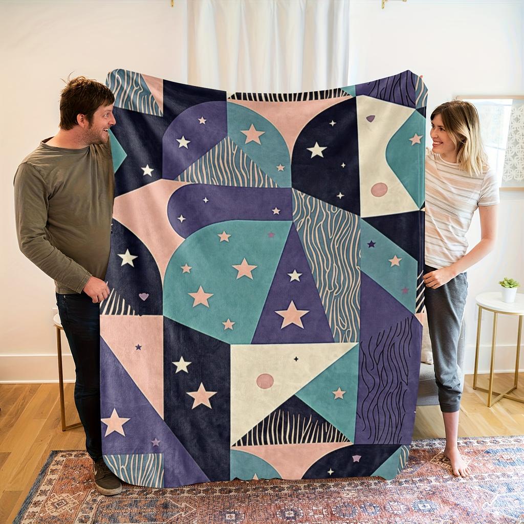Galaxy Geometric Fleece Blanket - Soft High-Definition Digital Print, Vibrant Blue Purple Pink Teal Stars on Dark Background