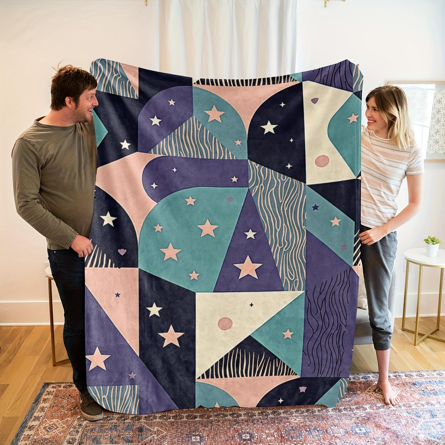 

Galaxy Geometric Fleece Blanket - Soft High-Definition Digital Print, Vibrant Blue Purple Pink Teal Stars on Dark Background 130x150cm51x59in