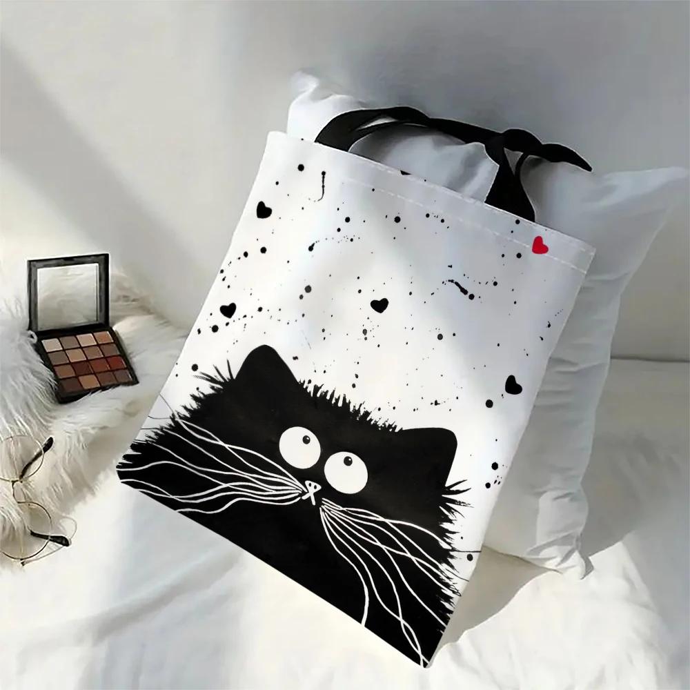 1pcs Linen Shopper Reusable Tote Cute Cats Print Grocery Storage Bag Portable Large Capacity Shoulder Bag Shoulder bag