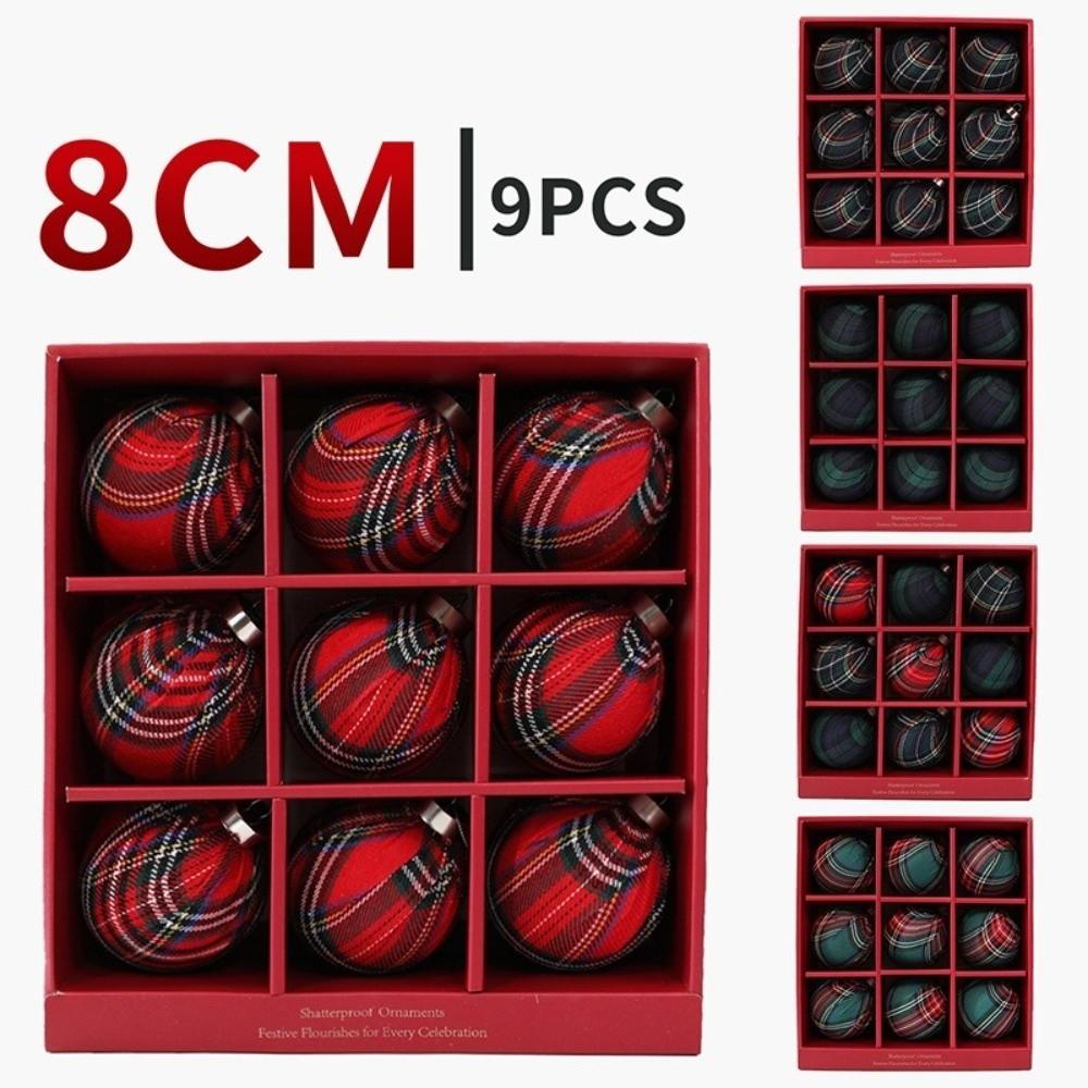 9Pcs Vintage Plaid Fabric Christmas Ball Set Grid Pattern Christmas Gift Spheres Home Decor