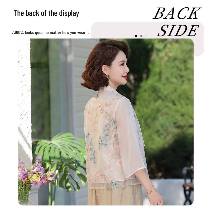 Mom's New Chinese Style Chiffon Shirt - Seven-Sleeve Top for Spring & Autumn