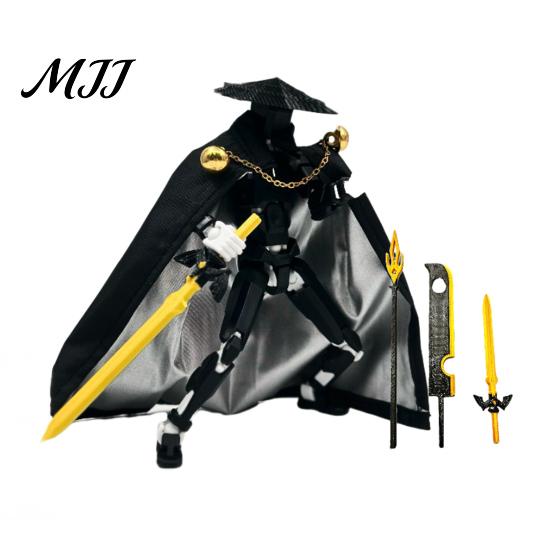 Swordsman Action Model Chinese Figure with Accessories, Multi-Joints Movable Bamboo Hat Cloak Man Figurine, Articulated Dummy Robot Toy Collectible