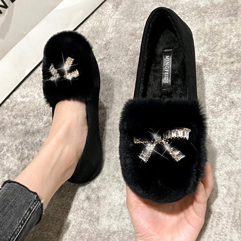 Big Size 43 Rabbit Fur Moccasins Women Crystal Bowtie Flats Round Toe Slip On Fur Snow Shoes Winter Outdoor Shearling Ballerinas