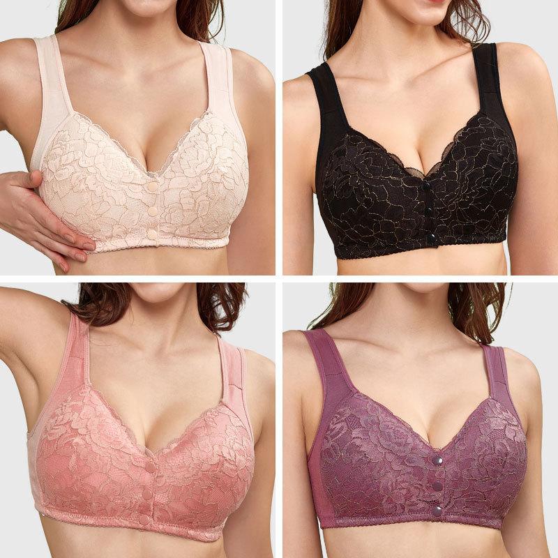 2024 new large cup front buckle middle-aged and elderly underwear women's rimless vest type lace large size bra