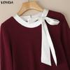 VONDA Autumn Women Long Sleeve Stitching Texture Rib Knitted Casual Bodycon Long Dress