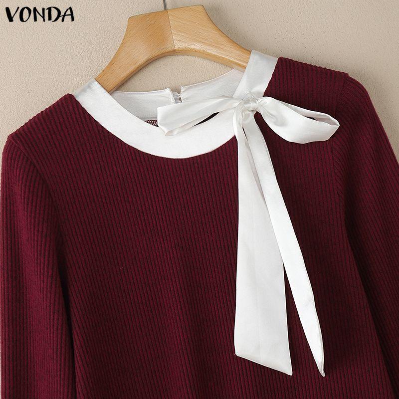 VONDA Autumn Women Long Sleeve Stitching Texture Rib Knitted Casual Bodycon Long Dress