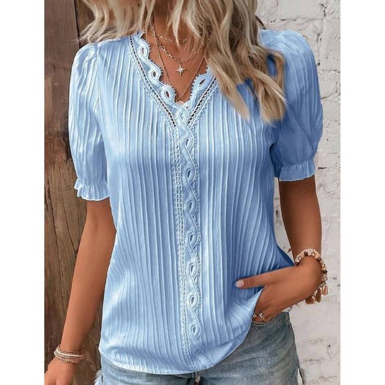 Elegante Camicetta da Donna Camicia Scollo a V Patchwork di Pizzo Manica Corta Camicie per Donna Estate Top da Donna