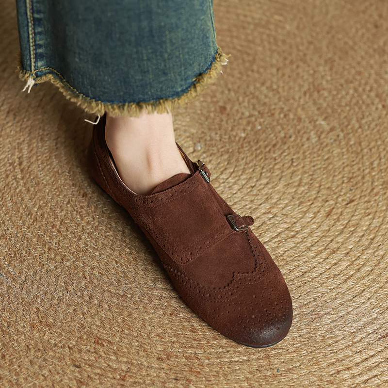 Krazing Pot Cow Skin Fashion Spring Autumn Low Heels metal buckle Oxford Shoes Women Round Toe Leisure Brogues flats
