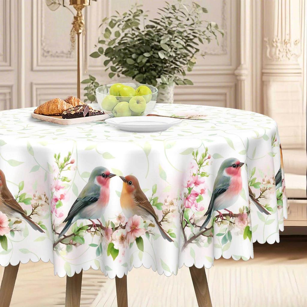 Spring And Summer Four Seasons Fresh Pastoral Flower And Bird Tablecloth, Round Dining Table Cloth, Restaurant Decorative Cloth Cherry Blossom Bird