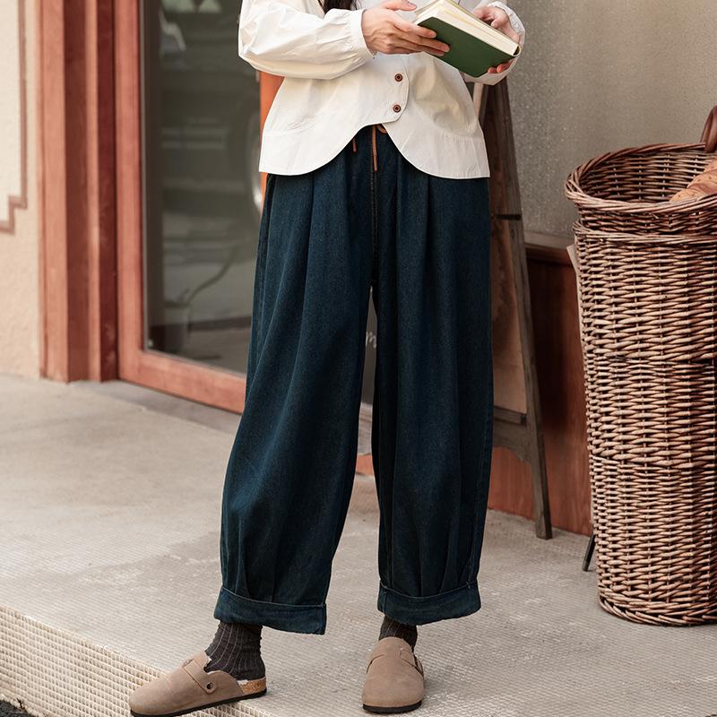 

Johnature Корейские французские джинсы с эластичной талией в стиле ретро, женские шаровары, повседневные, универсальные, укороченные, свободные, однотонные, японские брюки S синий