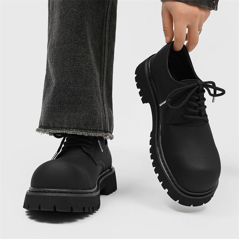 Men's Leather Shoes Black Thick Sole Round Toe Platform Male Casual Derby Shoe Cowhide Classic Original Legitimate Designer Pu
