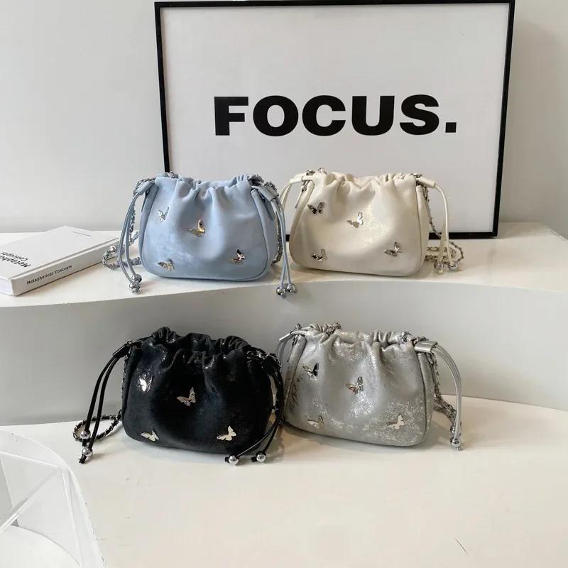 Single Shoulder Women's Crossbody Bag  Popular Small Silver Bag  New Butterfly Metal Design  Korean Cloud Style Bag