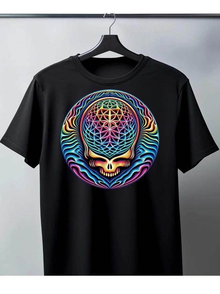Men's T-shirt, Pure Cotton, Black, "Flower Skull" Psychedelic Art Print