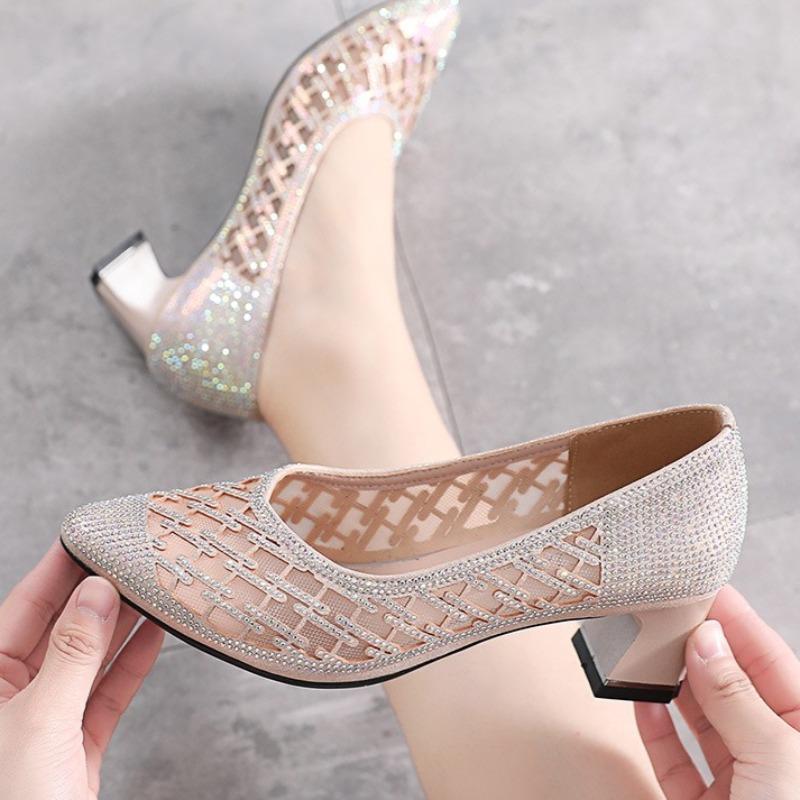 Women's Fashion Point Point Shallow Mouth Glitter Mesh Cloth Breathable Set Foot Anti-slip Wear-resistant Thick Heel Shoes
