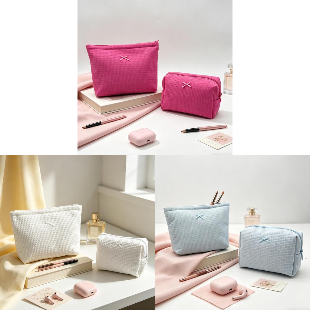 Waffle Makeup Bag With Butterfly Bow For Travel And Home Storage