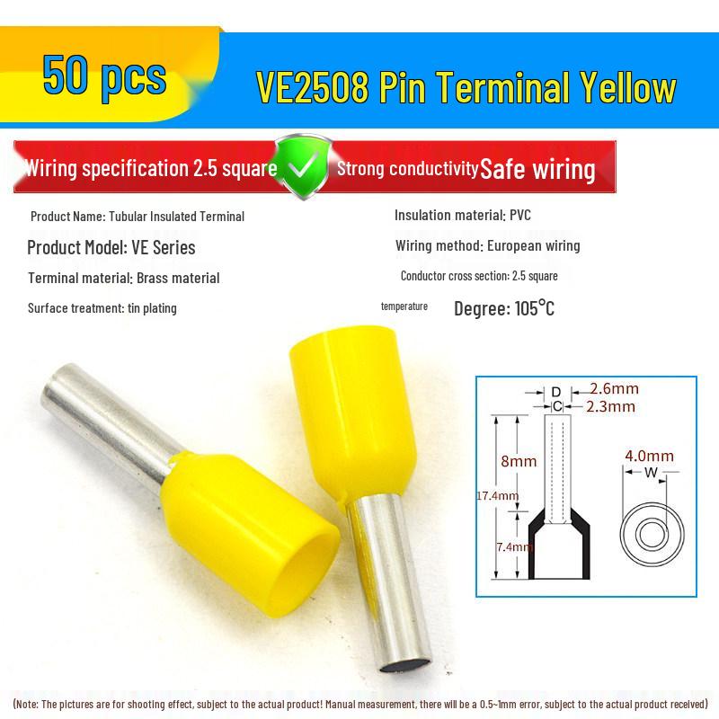 European Tubular Wire Connectors: VE0508, 7508, 1008, 1508, 2508 Pin Terminals