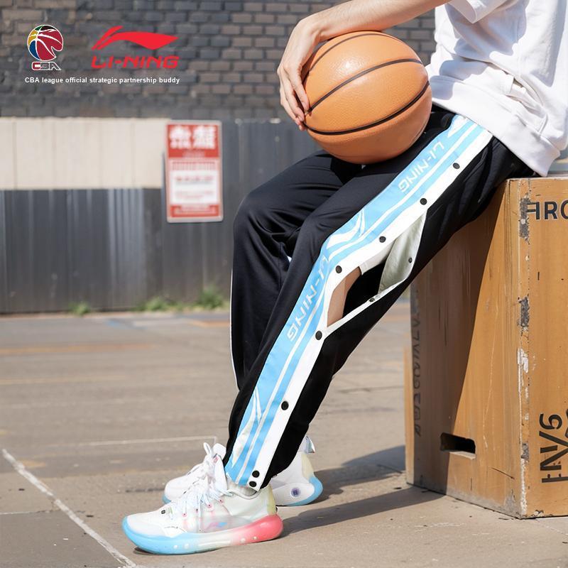 Li-Ning Side Letter Button Pants Printed American Casual Color Block Lace-Up Sports Long Pants Unisex Pants Black AKLUE03-3