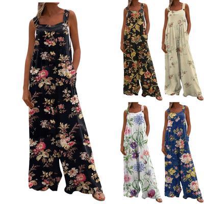 Wide Leg Overalls For Women Casual Loose Sleeveless Jumpsuits Retro Print Button Long Pant Romper Jumpsuit With Pockets