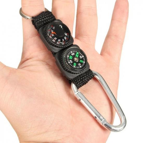 Multifunction Mini Compass Camping Survival Thermometer Keychain Carabiner Hooks