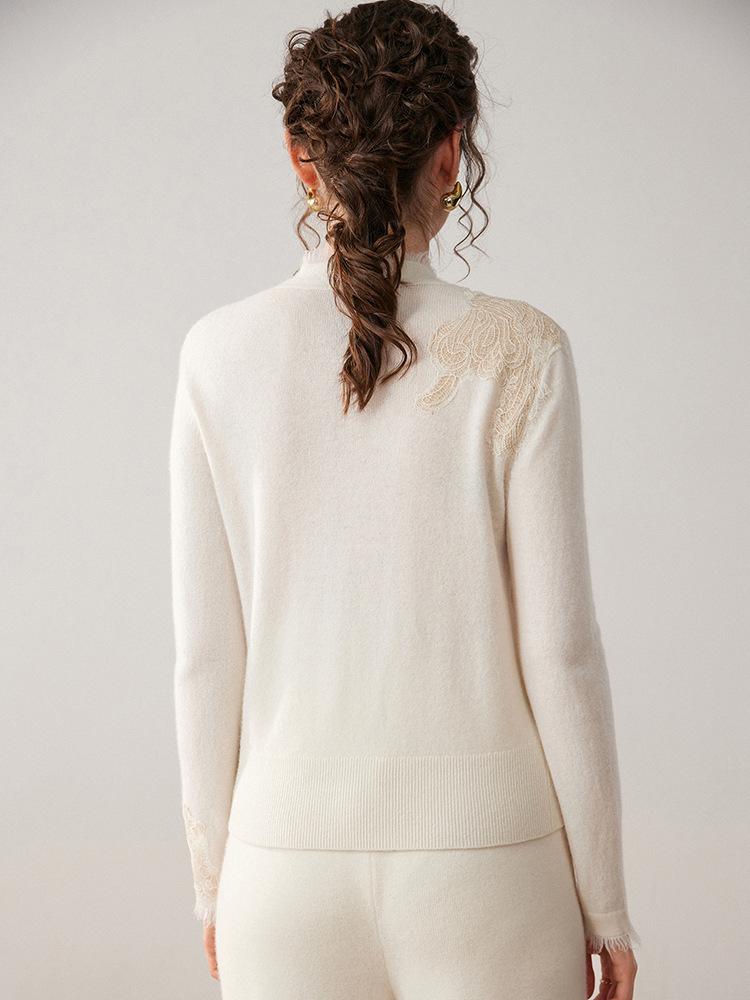 Women's Slim Fit Cashmere Cardigan with Tassel Embroidery - White Knit Sweater Coat for Autumn/Winter 2025