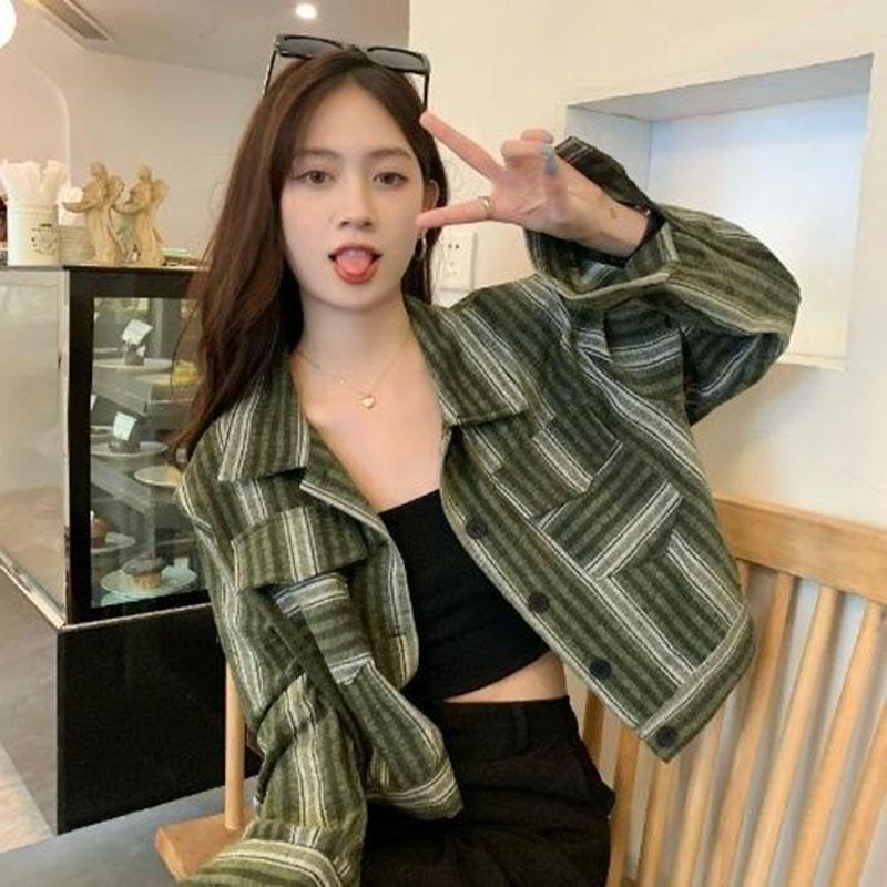 Früher Herbst Slim Lässig Gestreiftes Kurzhemd Herbst Damen Kurze Jacke Schicke Nischen-Tops