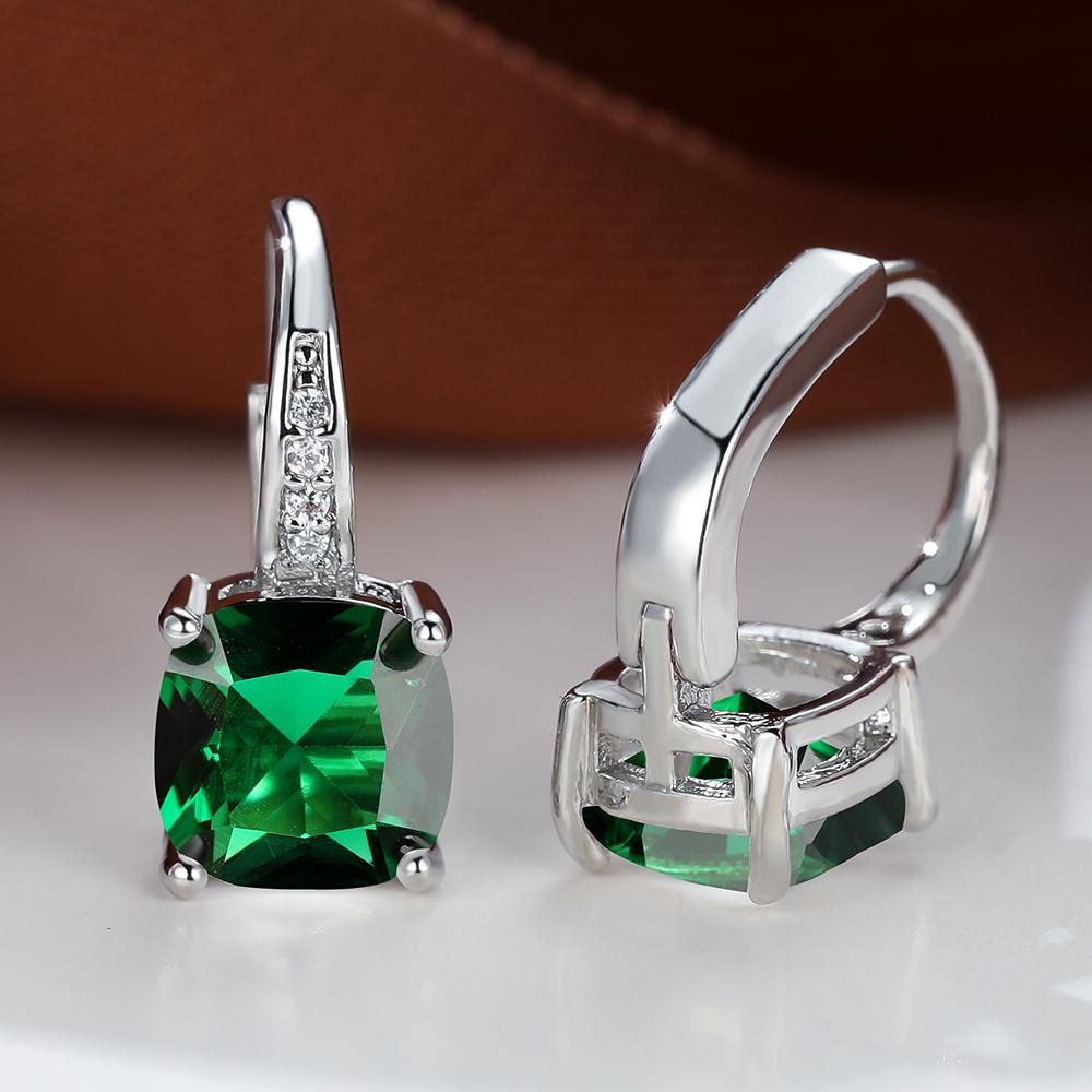 Silberfarbene, roségoldfarbene Tropfen-Creolen mit geometrischem Smaragdschliff, grünem Stein, Hochzeits-Ohrhänger für Frauen