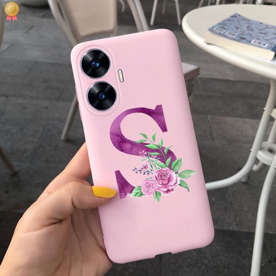 For Realme C55 C 55 6.72'' Case Delicate Cute Letters 3D Crown Flowers Matte Shockproof Soft TPU Silicone Phone Case Back Cover