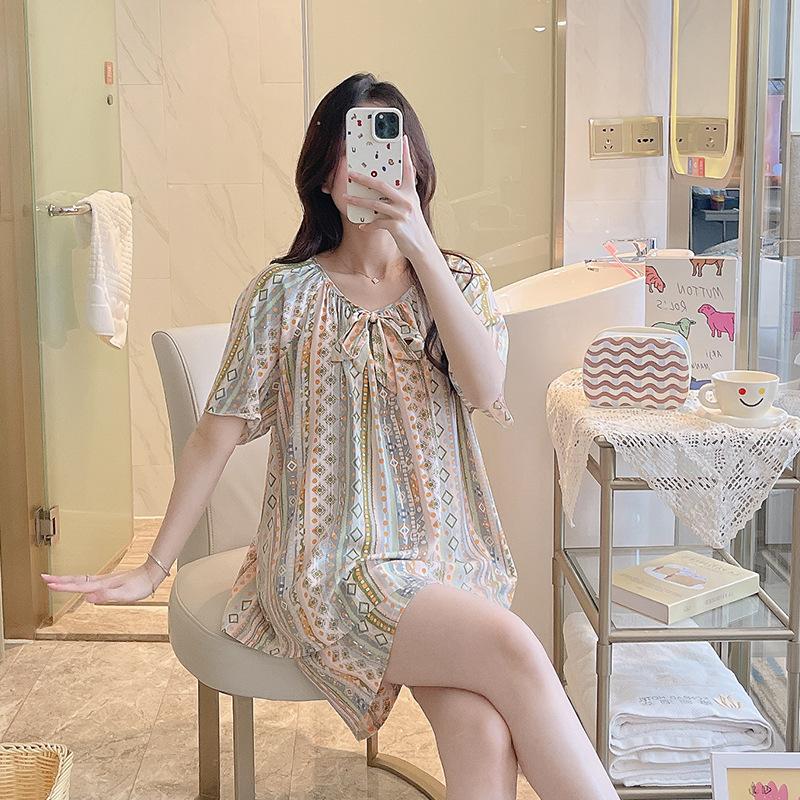 1011 New cotton and silk pajamas women's spring summer short-sleeved shorts printed suit cute fashion loungewear