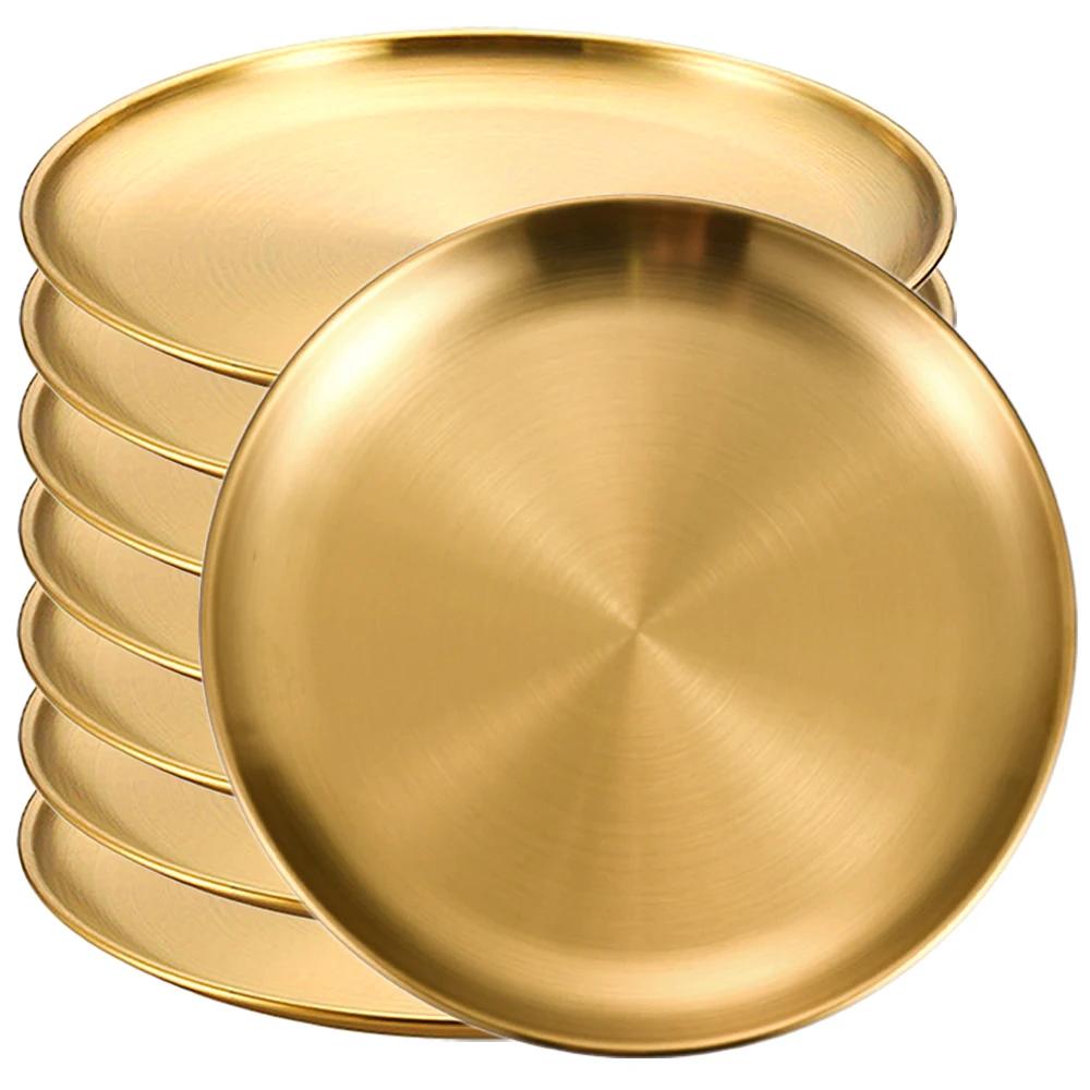 8Pcs Stainless Steels Round Golden Shallow Tray Plate Rust-Proof 14/17/20/23/26cm Camping Plate BBQ Picnic Dishes Cookware