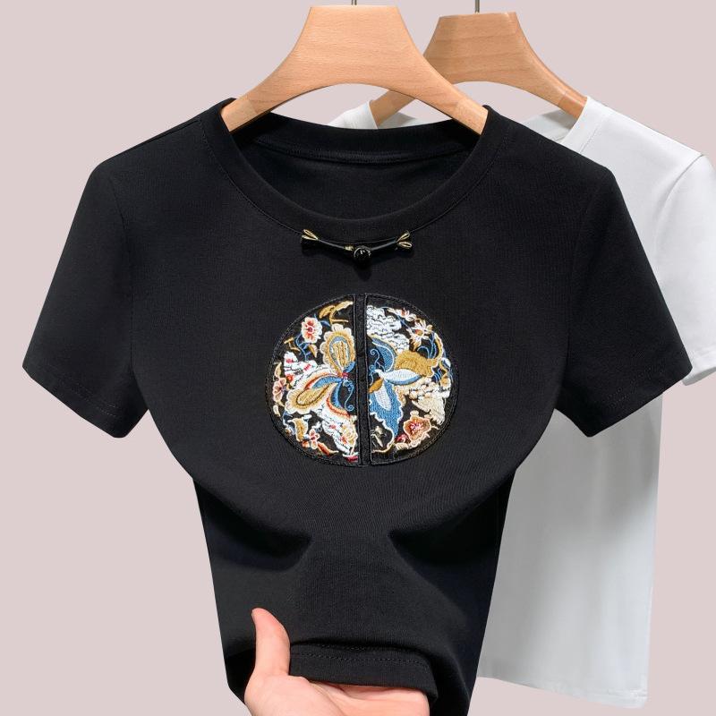 

Новая китайская футболка с короткими рукавами для женщин, новая вышитая футболка с круглым вырезом, легкий китайский стиль, китайские элементы, улучшенный топ 3XL чёрный