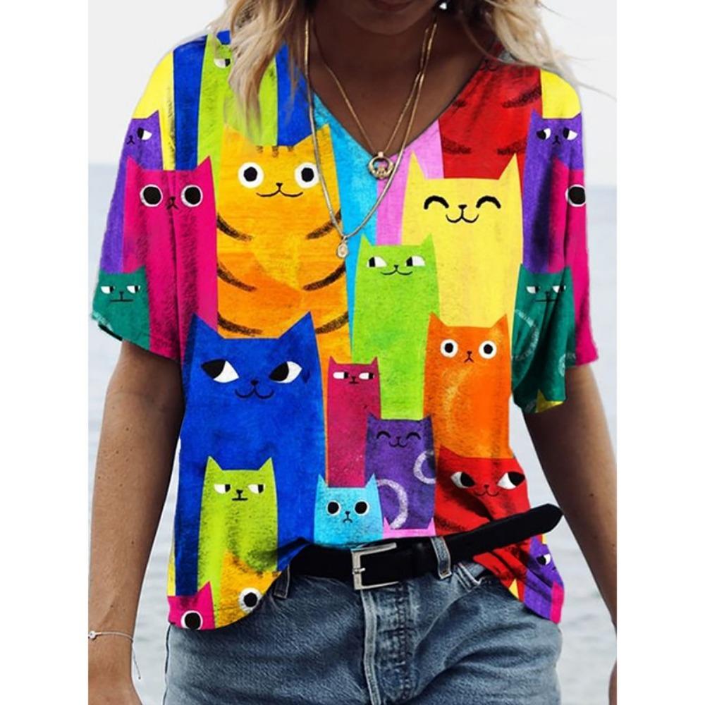 Cooles Mondkatzenmuster T-Shirt für Damen Lustiges Tier 3D-Druck Kurzarm Sommer Locker T-Shirts Rundhals Oberteile Tees Streetwear