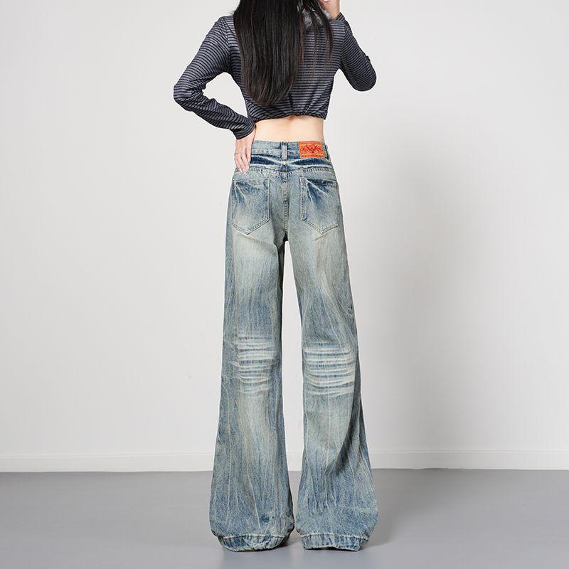 Autumn and winter new retro washed lightning pattern micro-horn jeans women
