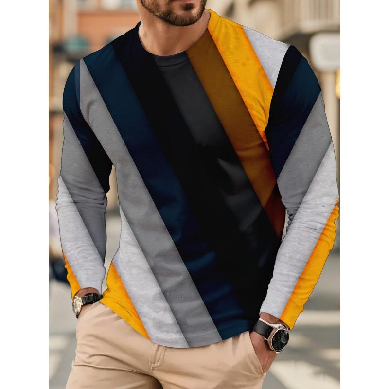 3D Color Block & Geometric Pattern Printed Short Sleeved Men's T-shirts - Soft Medium Stretch Polyester Fabric Spring and Autumn Relaxed Fit Clothing