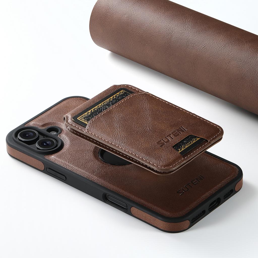 SUTENI M2 For iPhone 16 Magnetic Phone Case Waxy Texture Leather+TPU Cover with Card Bag