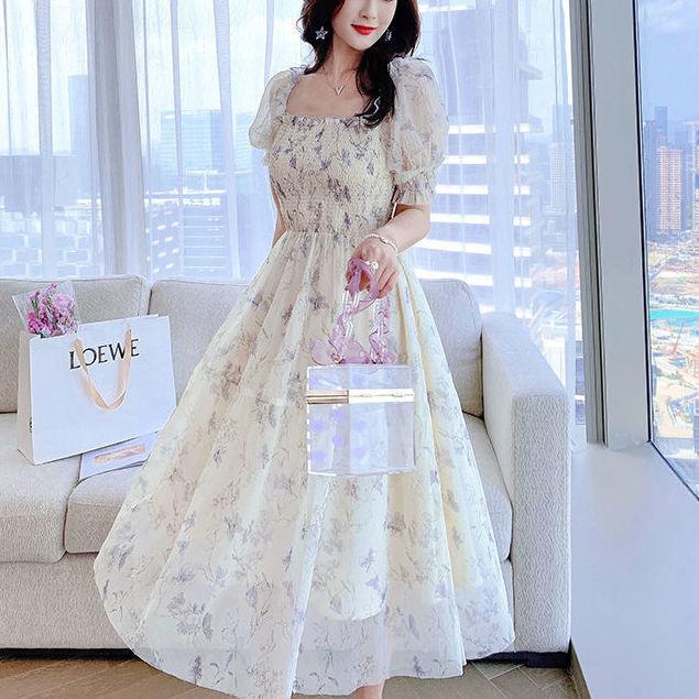Summer new French ink painting bubble sleeves waist and thin temperament lady floral chiffon dress