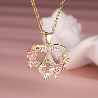 AZ Lettera iniziale Collana con ciondolo a cuore per donna Elegante zircone Colore oro rosa Fiore Alfabeto con pendente a cuore Catena Girocollo Regalo di gioielli