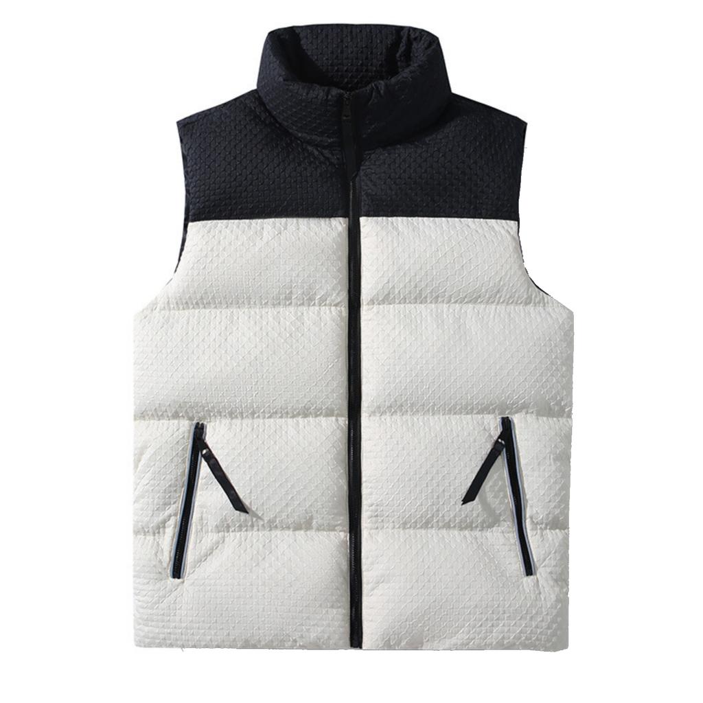 Pánská ležérní barevně blokovaná embosovaná vesta z prachového peří a bavlny, Pánská zesílená volná bunda bez rukávů se stojáčkem na zip