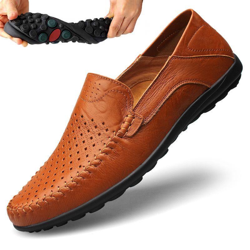 Echtes Leder Mokassins Männer weiche Unterseite Sommer atmungsaktive Hohl Loafer British Business Casual Lederschuhe Hand nähen