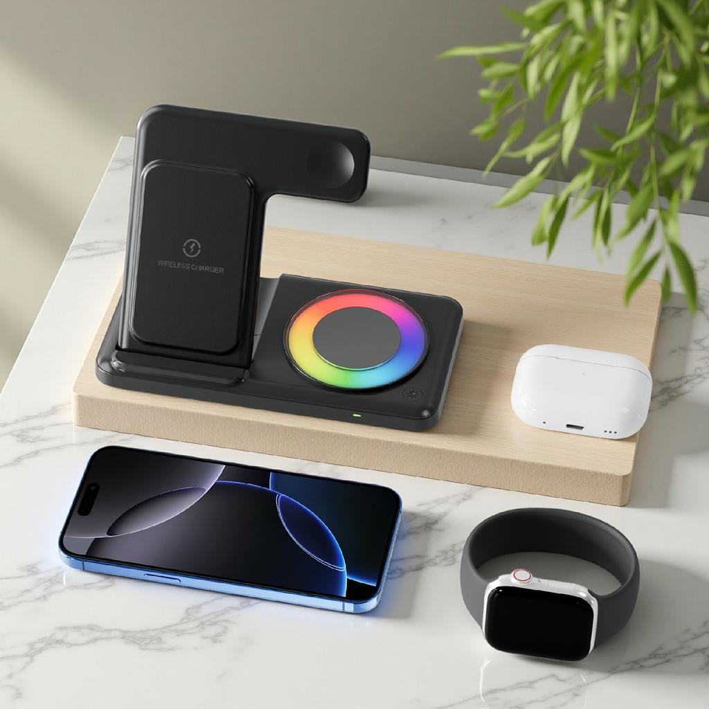 Q50D 4 in 1 Foldable Wireless Charger Dock 15W Fast Charging Station with RGB Ambient Light for Mobile Phone Apple Watch AirPods