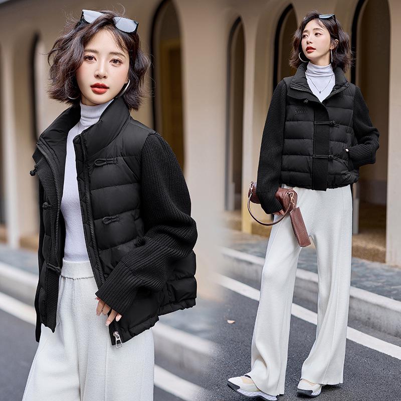 

Женская пуховая куртка в корейском стиле с шерстяными рукавами и лоскутной отделкой - Модное зимнее пальто со стойкой M 45-50 kg чёрный