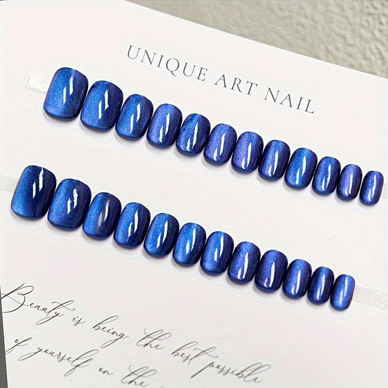 24 szt./zestaw Czarne niebieskie kocie oko na nakładki na paznokcie, błyszczące średnie kwadratowe sztuczne paznokcie, lśniące sztuczne paznokcie dla kobiet dziewcząt na imprezę ozdoby do paznokci