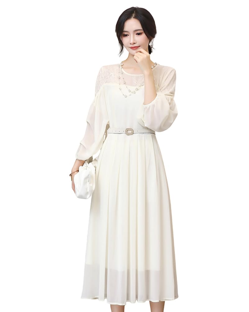 

Collecala Lantern Sleeve Dress with Waist Tuck, A-Line Flare, Sleeve Tuck, Sheer Lace Shoulders, and Jeweled Beading Belt for Weddings