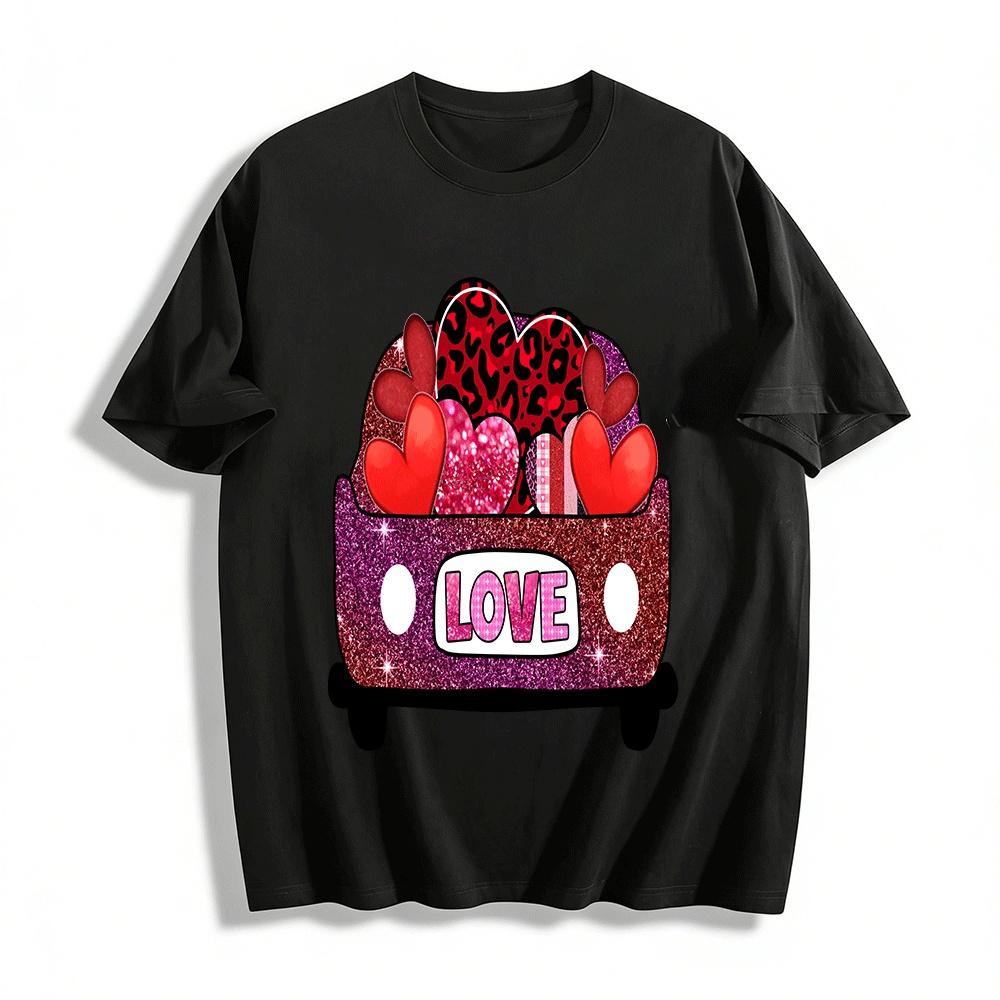 Valentine s Day Love Heart Car Print Casual Top Pure cotton T-shirt XXS