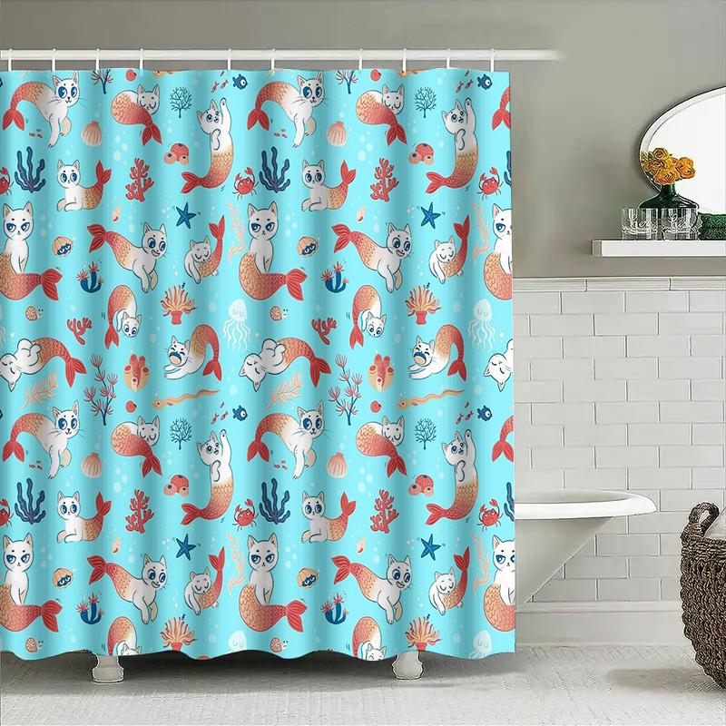 Cute Cat Fish Bathroom Decor Shower Curtain Ocean Marine Sea Animal Pattern Home Waterproof Fabric