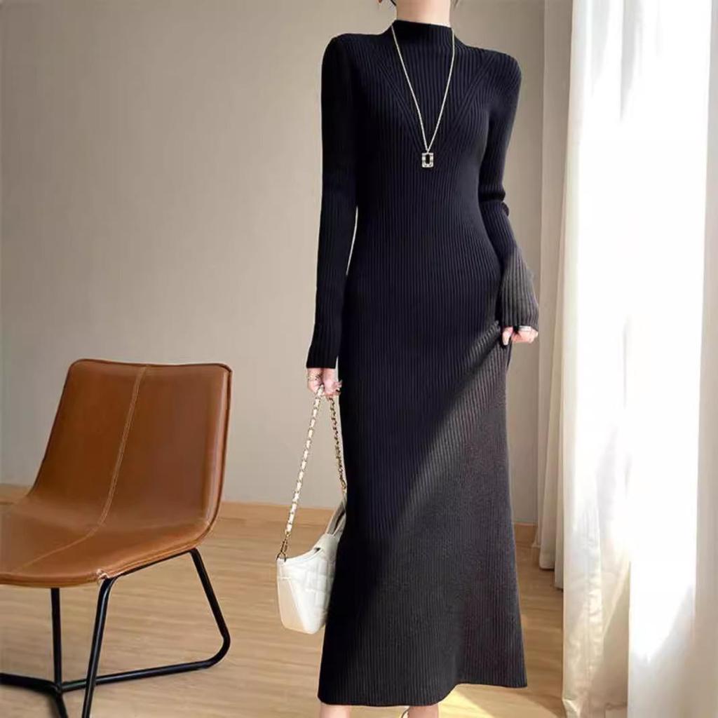 New Autumn/Winter Slimming Knit Dress for Women - Half-High Neck, Figure-Flattering, Long Length Bodycon Skirt